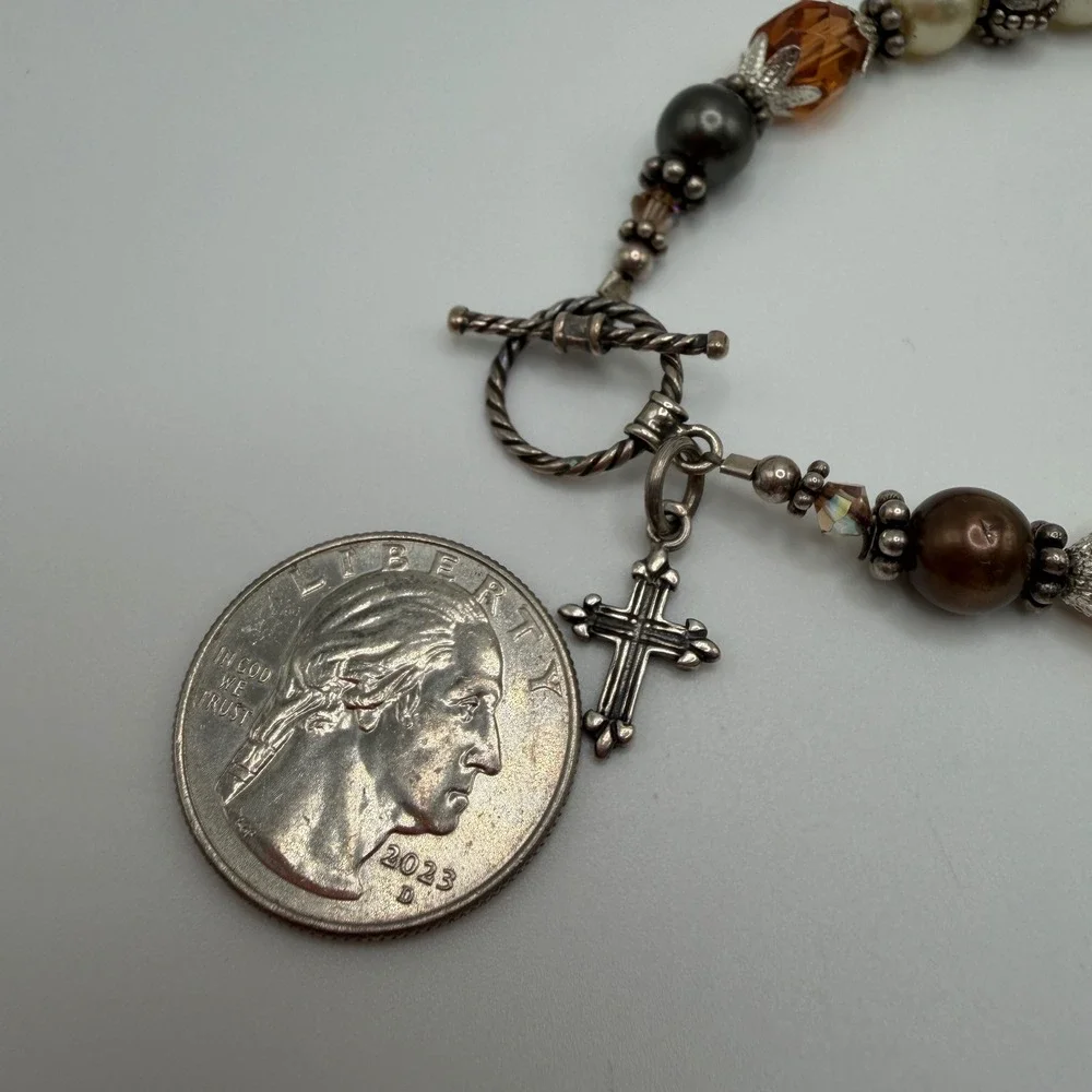 Vintage Style Beaded Cross Toggle Bracelet Cream Pearl Amber Crystal Silver Tone